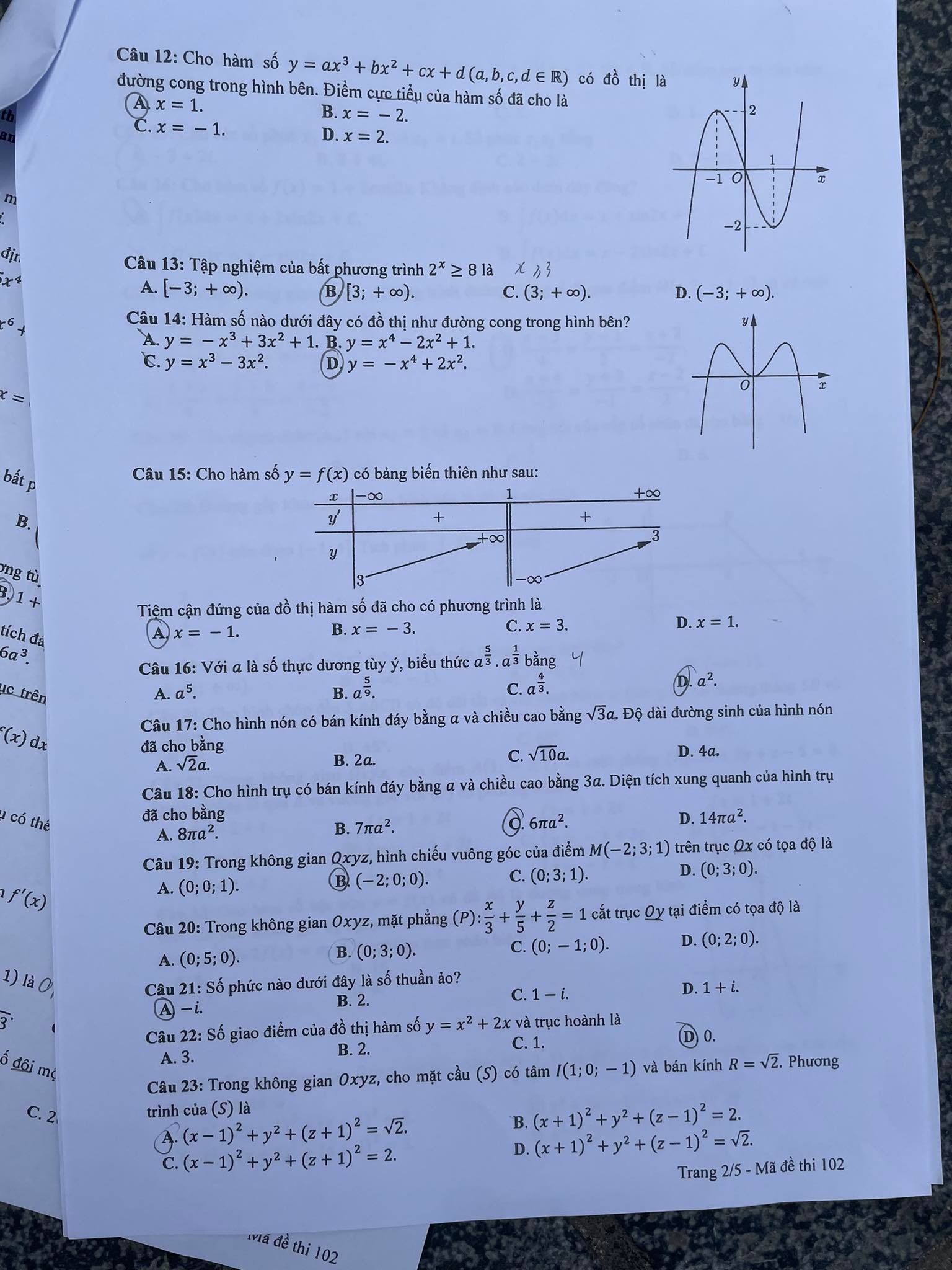 Giáo dục - Đề thi, đáp án môn Toán thi tốt nghiệp THPT 2023 chuẩn nhất mã đề 102 (Hình 2).