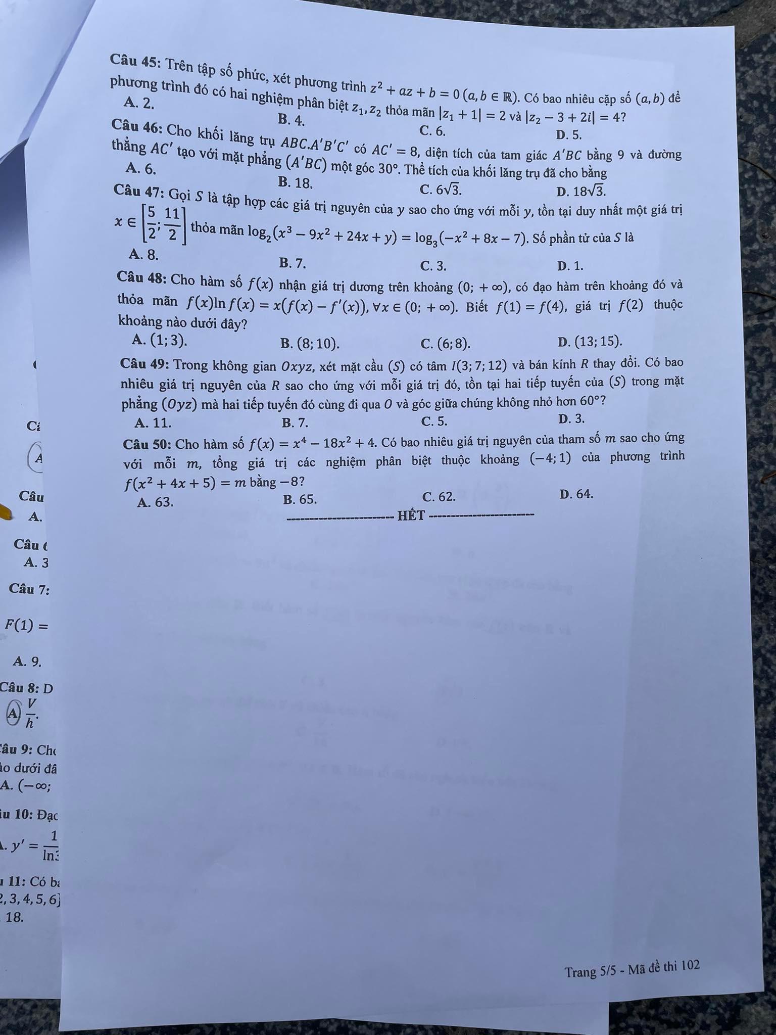 Giáo dục - Đề thi, đáp án môn Toán thi tốt nghiệp THPT 2023 chuẩn nhất mã đề 102 (Hình 5).