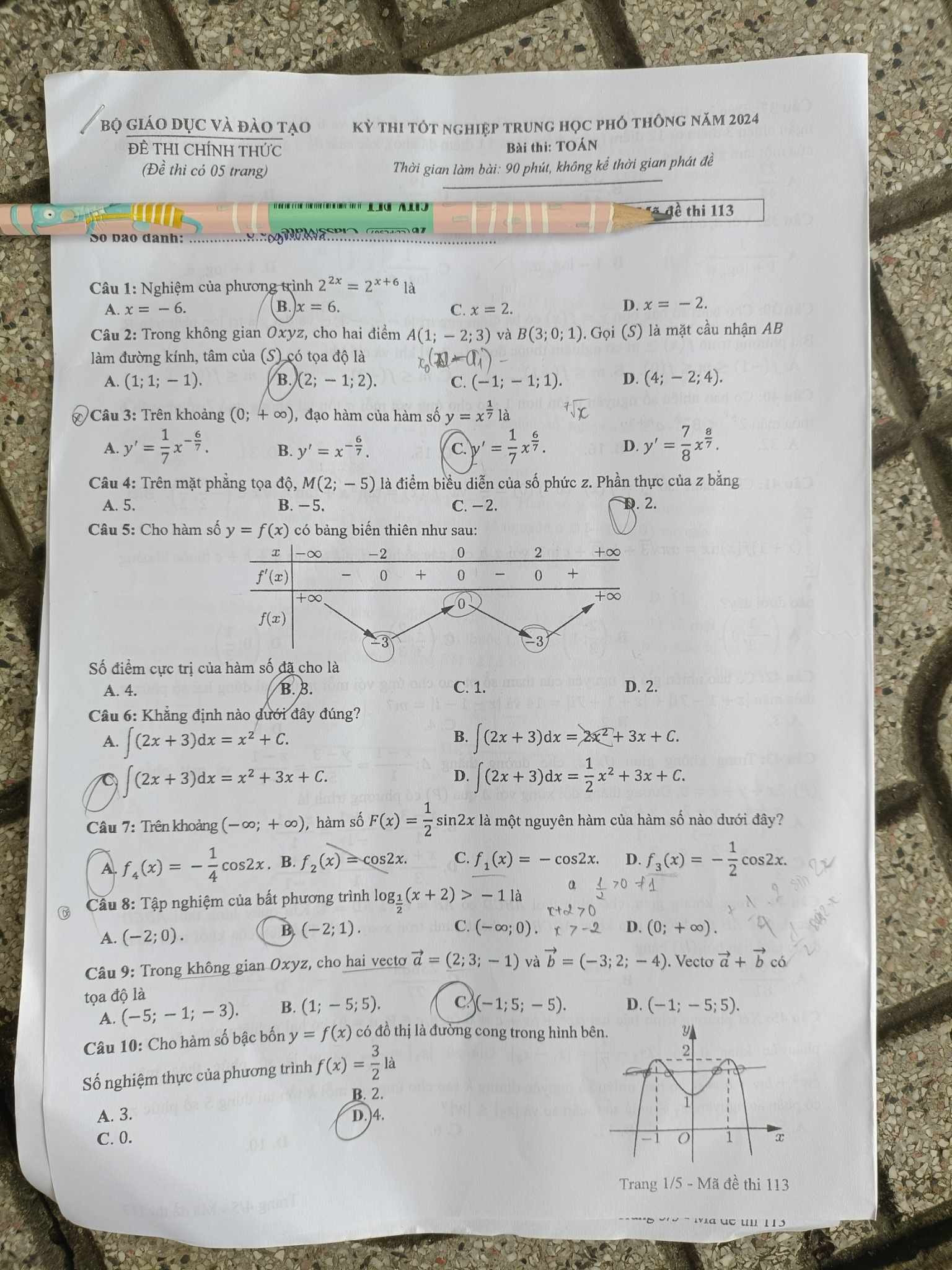 Giáo dục - Đề thi, đáp án môn Toán thi tốt nghiệp THPT 2024 chuẩn nhất mã đề 113