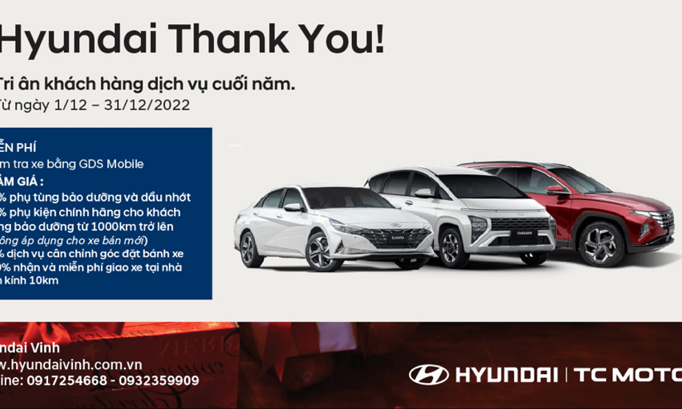 Hyundai Vinh khuyến mãi dịch vụ cuối năm lên tới 50% chi phí